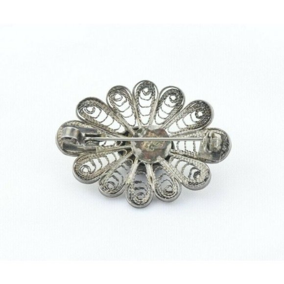Sterling Silver Green Agate Flower Pin Brooch - Picture 6 of 7